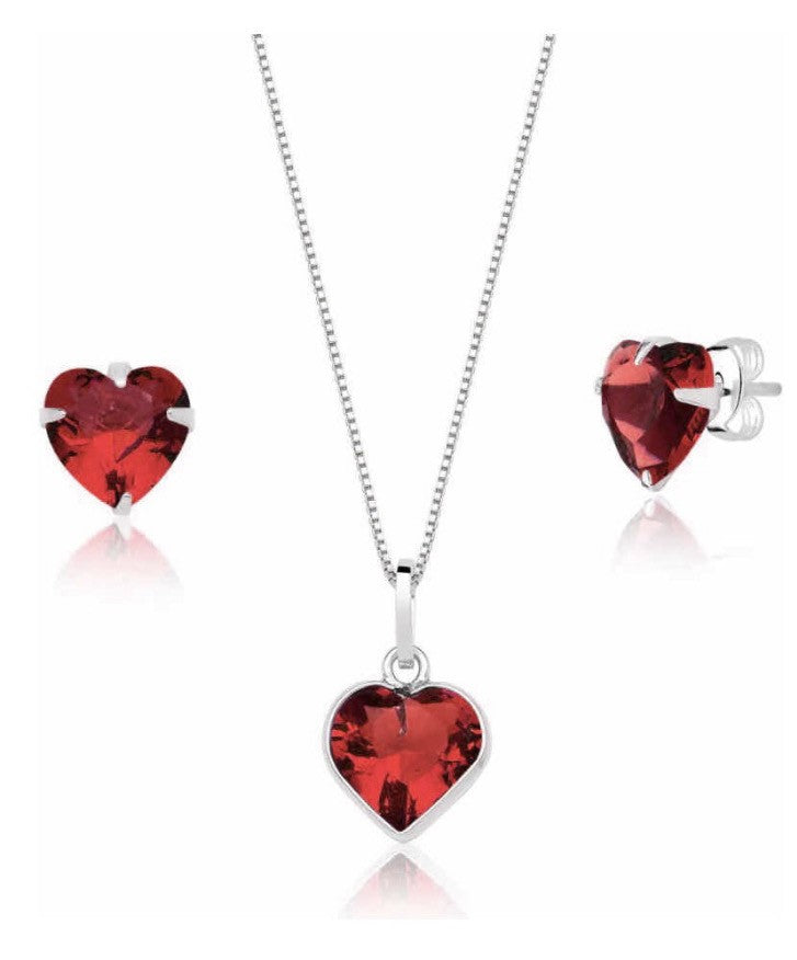 Conjunto Colar e Par de Brincos Coração Zircônia Prata 925