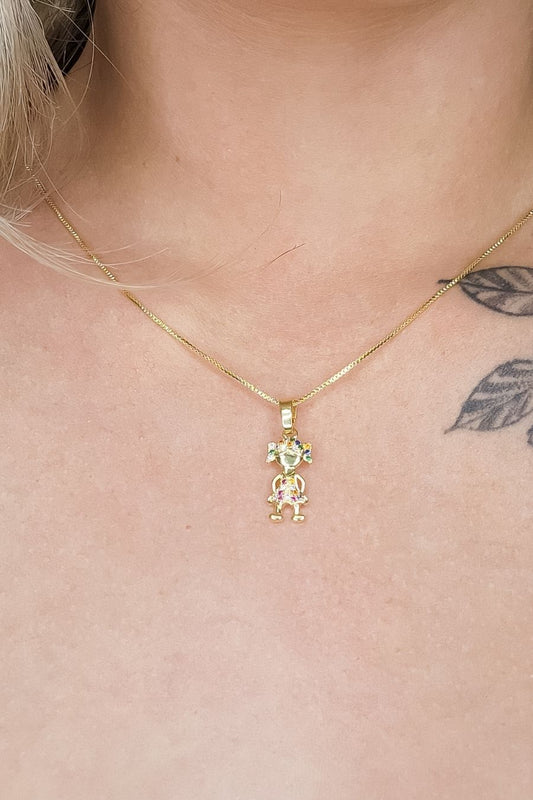 Colar Pingente Menina com Zircônia Colorida Banhado em Ouro 18k