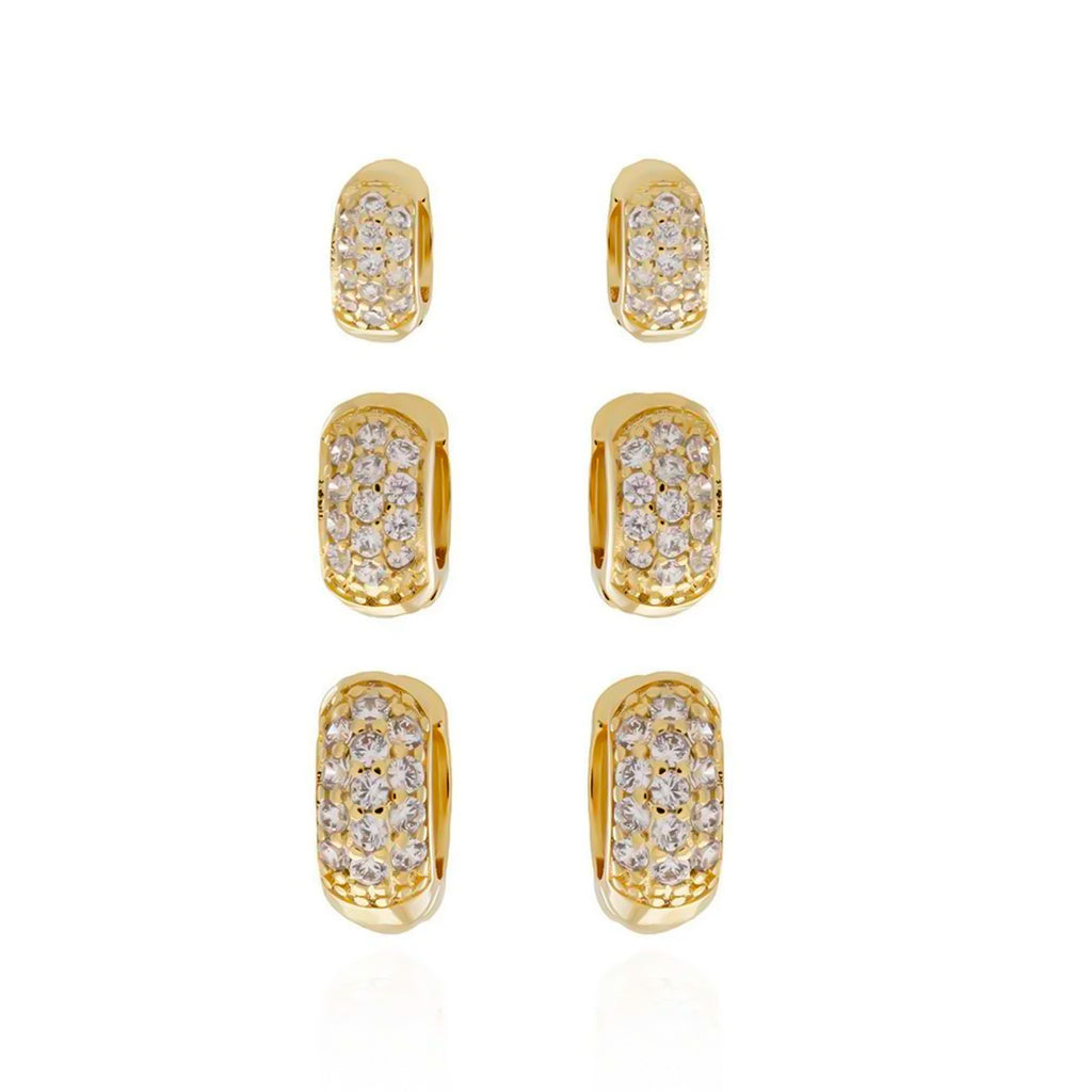 Trio de brincos de argolinhas articuladas cravejadas banhado a ouro 18k