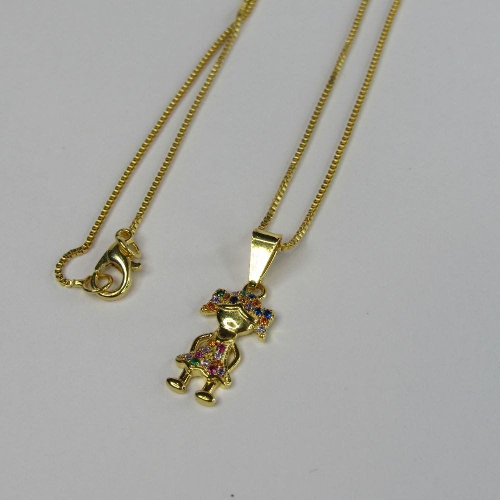 Colar Pingente Menina com Zircônia Colorida Banhado em Ouro 18k