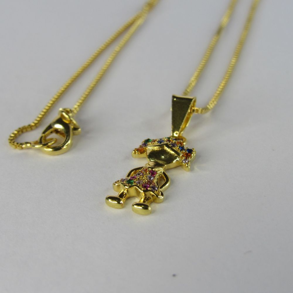 Colar Pingente Menina com Zircônia Colorida Banhado em Ouro 18k