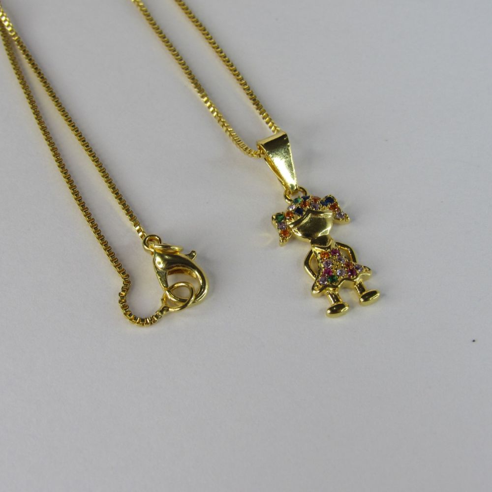 Colar Pingente Menina com Zircônia Colorida Banhado em Ouro 18k