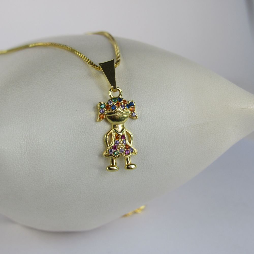 Colar Pingente Menina com Zircônia Colorida Banhado em Ouro 18k